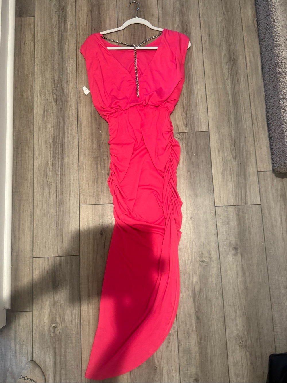 Hot Pink Ruched Evening Gown with Chain Detail